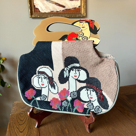 Vtg Patricia Smith Moon Bags Needlepoint Beaded Leather Women in Hats Portrait